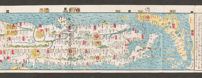 Sección de un mapa de carreteras en Japón.  Dai Nihon koku junro meiki daisei. ["Un mapa claro y minucioso de las carreteras principales de Japón"]  1850