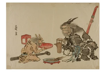 Shoki sirviendo sake a un demonio, c.1895-1905