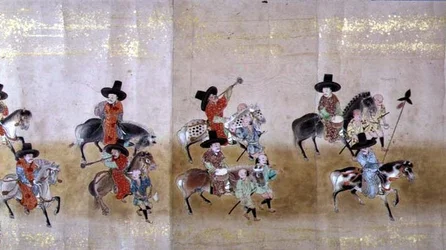 Sexta Embajada Coreana a Japón en Meireki 1 en el momento de la sucesión de Tokugawa Ietsuna en 1651, posiblemente por Kano Masunobu (detalle)