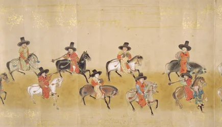 Sexta Embajada Coreana a Japón en Meireki 1 en el momento de la sucesión de Tokugawa Ietsuna en 1651, posiblemente por Kano Masunobu (1625-94) (pintura en pergamino) (detalle)