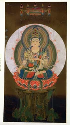 El Bodhisattva Akashagarba sosteniendo la Joya Cintamani (dadora de deseos) en la mano izquierda y sentado en un loto, ilustración después de un kakemono del siglo IX del templo de Daigo