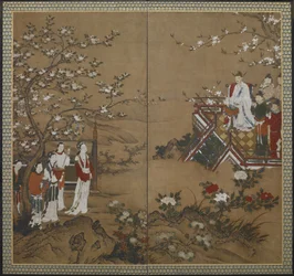 El emperador chino Ming Huang y su concubina Yang Kuei-fei tocando y cantando para hacer florecer las flores, período Edo