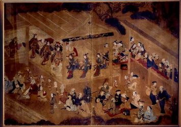 Teatro kabuki: actores en escena; estampa japonesa del siglo XVIII, París, Museo Guimet, Museo Nacional de Artes Asiáticas