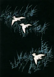 Tres grullas en un paisaje negro