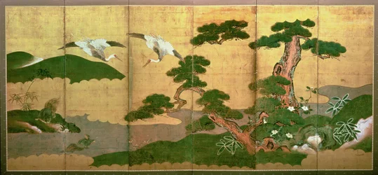 Dos grullas zambulléndose detrás de pino y roca, Período Edo