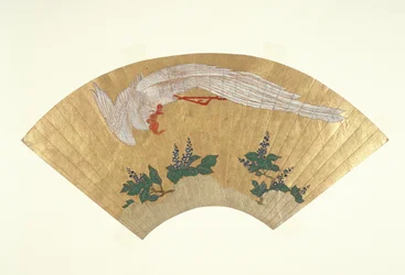 Abanico desmontado: Pájaro zambulléndose sobre bambú cubierto de nieve, c.1700-60