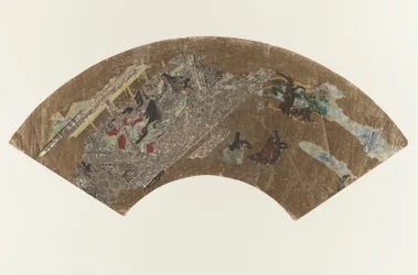 Sin título - pintura en forma de abanico de damas sentadas en un pabellón jugando un juego, 1603-1868