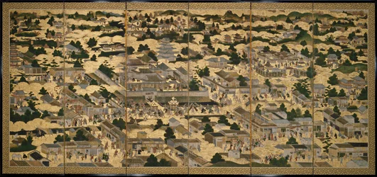 Vistas de Kioto y sus alrededores (Rakuchu rakugai zu), ca.1616-24 (tinta, color y pan de oro sobre papel)
