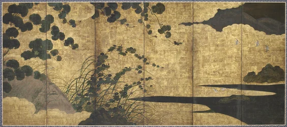 Vides, cabaña, hierbas y aves de la orilla, período Momoyama, 1568-1615