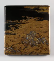 Caja de escritura (suzuribako) con diseño de olas y rocas, periodo Muromachi, segunda mitad del siglo XV (madera lacada con decoración en oro y plata takamaki-e)