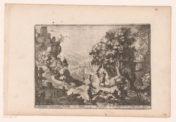 Paisaje con la historia del buen samaritano: el sacerdote y el levita pasan a la víctima y la dejan atrás Historia del buen samaritano (título de la serie)