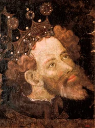 Pedro IV de Aragón, detalle de un temple sobre madera de Jaume Mateu