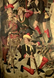 Retablo de San Vicente: Tormento de San Vicente en la parrilla, Daciano y verdugos, detalle