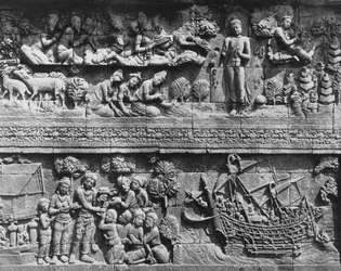 Relieve del Templo de Borobudur de Bodhisattva bañándose
