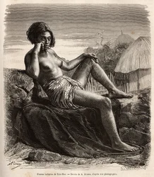 Mujer nativa de Taio-Hae (o Taio Hae), en el archipiélago de las Marquesas, mostrando despreocupadamente sus piernas tatuadas, grabado después de un dibujo de A.Rixens ilustrando los recuerdos del Pacífico, en 1872-1874, por A.Pailhes, un signo de barco, p