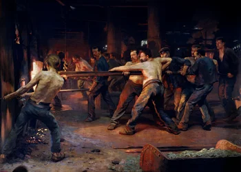 Trabajadores fundidores trabajando en una planta metalúrgica. Pintura de Jean Rixens