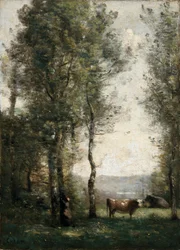 Paisaje boscoso con vacas en un claro