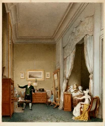 La imperial María Luisa de Habsburgo-Lorena, Imperatriz de Francia, en su alcoba tras el nacimiento del rey de Roma en 1813 (grabado)