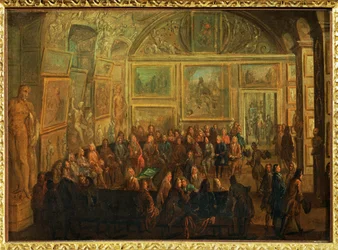Vista del Salón de Diane en el Louvre;una sesión de la Academia de Pintura ...