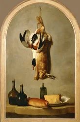 Bodegón con liebre muerta, pato, botellas, pan y queso ...