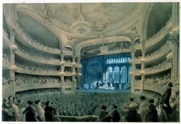 Vista del vestíbulo del teatro de la Ópera Garnier (Academia de Música). Litografía de Jean Baptiste Arnout (1788-1870). Siglo XIX. París, B.N.