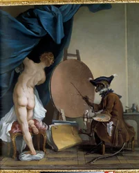 El mono pintor. Óleo sobre lienzo, 0,89 x 0,62 m. - El mono pintor. Pintura de Jean Baptiste Deshays (1729 - 1765)