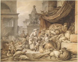 Escena de mercado con una escultura fantástica
