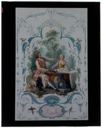 Dos paneles decorativos con parejas de enamorados titulados "El picnic" y "El brindis"