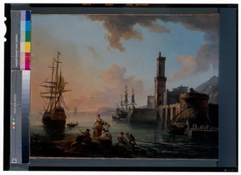 Pescadores y cortesanas en un puerto mediterráneo al atardecer