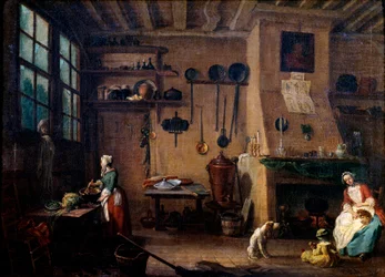 Interior de cocina en el siglo XVIII. Una cocinera prepara una comida. Al fondo vemos los utensilios de cocina colgados a lo largo de la pared. Pintura de Jean-Baptiste Lallemand (1710-1803), siglo XVIII, Dijon, Museo de Bellas Artes