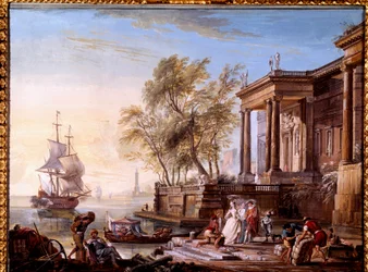 Marina al atardecer Pintura de Jean Baptiste Lallemand (Lallemant) (1710-1803) siglo XVIII Dijon, Musée des Beaux Arts.