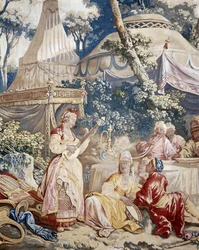 El banquete al aire libre, telón juegos rusos, detalle de la carpa y personajes