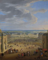 Francés: Vue perspective du château de Versailles sur la place d