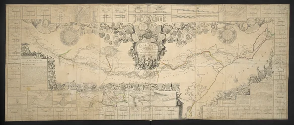 Mapa del Canal de Languedoc, que conecta el océano Atlántico con el mar Mediterráneo, dedicado y presentado a M.GRS Estates of Languedoc