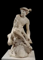 Mercurio atándose las sandalias aladas, escultura de mármol de Jean-Baptiste Pigalle (1714-1785), 1744, París, Musée du Louvre