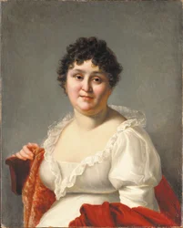 Retrato de Madame Regnault, busto, con un vestido blanco y un chal de caqui
