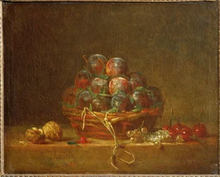 Una cesta con ciruelas, nueces, grosellas y cerezas (pintura sobre lienzo)