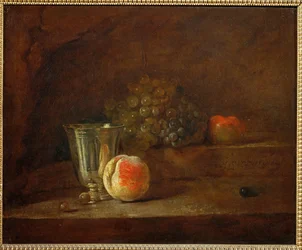 Una copa de plata, uvas, una manzana (pintura sobre lienzo)