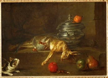 Gato mirando una perdiz y una liebre muertas, arrojadas junto a una aceitera (pintura sobre lienzo)
