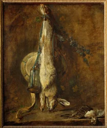 Liebre muerta, bolsa de caza y polvera (pintura sobre lienzo)