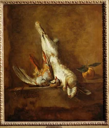 Liebre muerta con perdiz roja (pintura sobre lienzo)