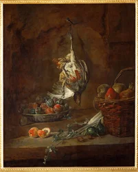 Perdiz muerta colgada de una pata, cuenco con ciruelas pasas y cesta con peras (pintura sobre lienzo)