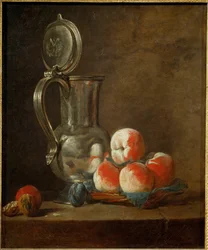 Olla de peltre con plato de melocotones, ciruelas pasas y nuez (pintura sobre lienzo)