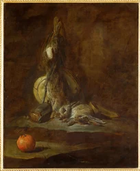 Dos liebres muertas con bolsa de caza, polvera y naranja (pintura sobre lienzo)
