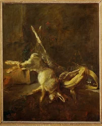 Dos liebres, una bolsa de caza y una polvera (pintura sobre lienzo)