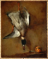 pato, colgado en una pared, y naranja amarga (pintura sobre lienzo)