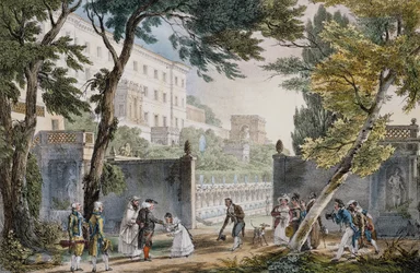Escena galante a la entrada de una villa en Roma, hacia 1820, grabado de Jean-Baptiste Thomas (1791.1833)