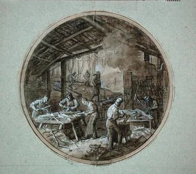 El taller de los zuequeros, diseño de plato para un servicio que representa diferentes oficios, c.1820-35