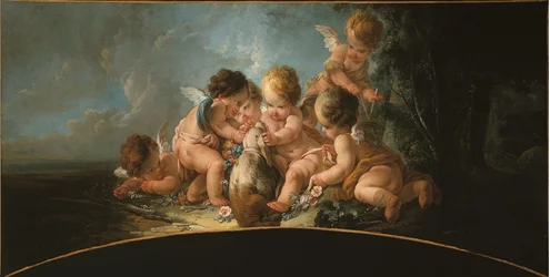 Grupo de seis enamorados jugando con un perro, hacia 1761 (puerta arriba)