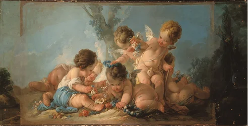 Grupo de seis enamorados jugando con flores, hacia 1761 (puerta arriba)